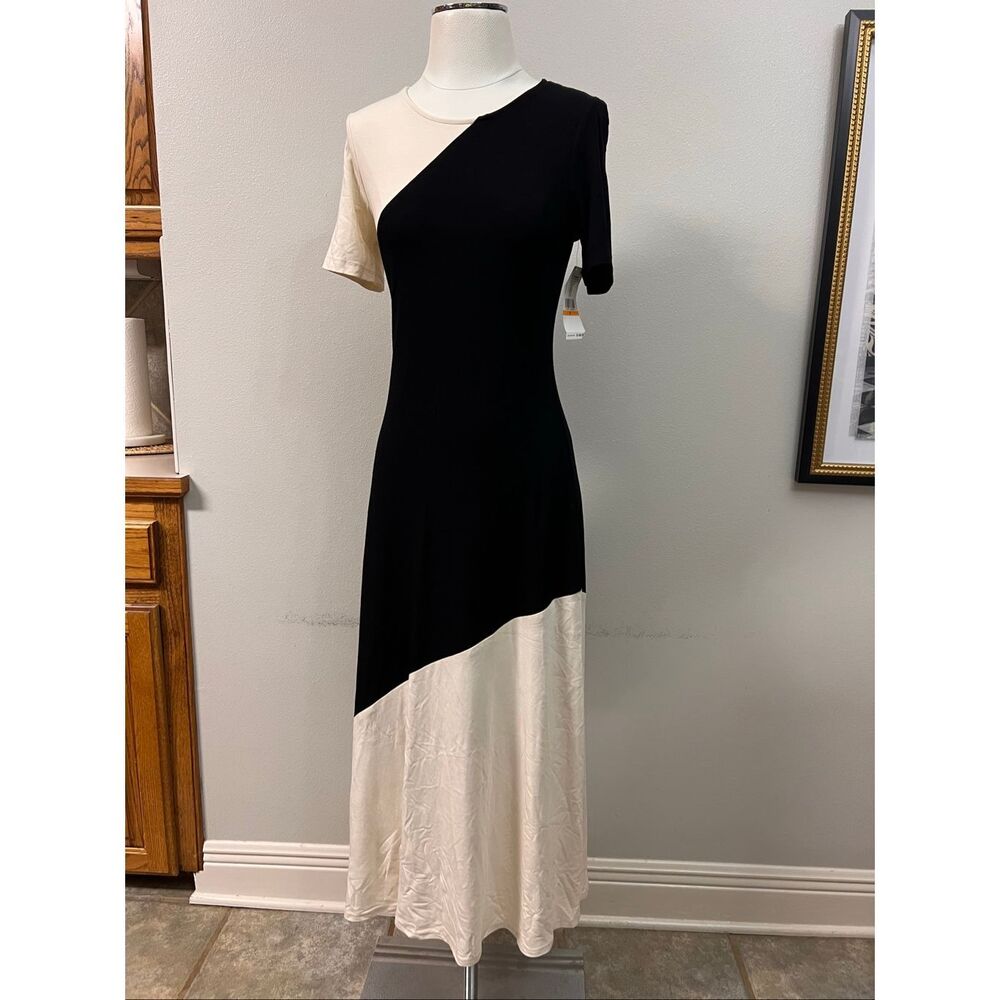 NWT Karen Kane Women's Colorblock Short Sleeve Midi Dress Black Ecru Small